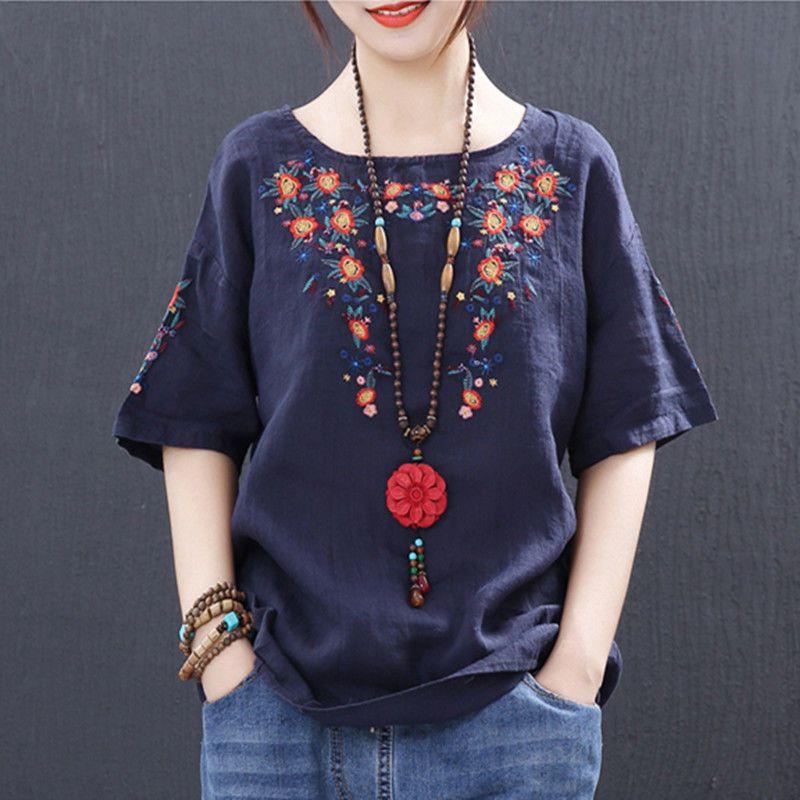 Cotton ethnic summer shirt with a round collar