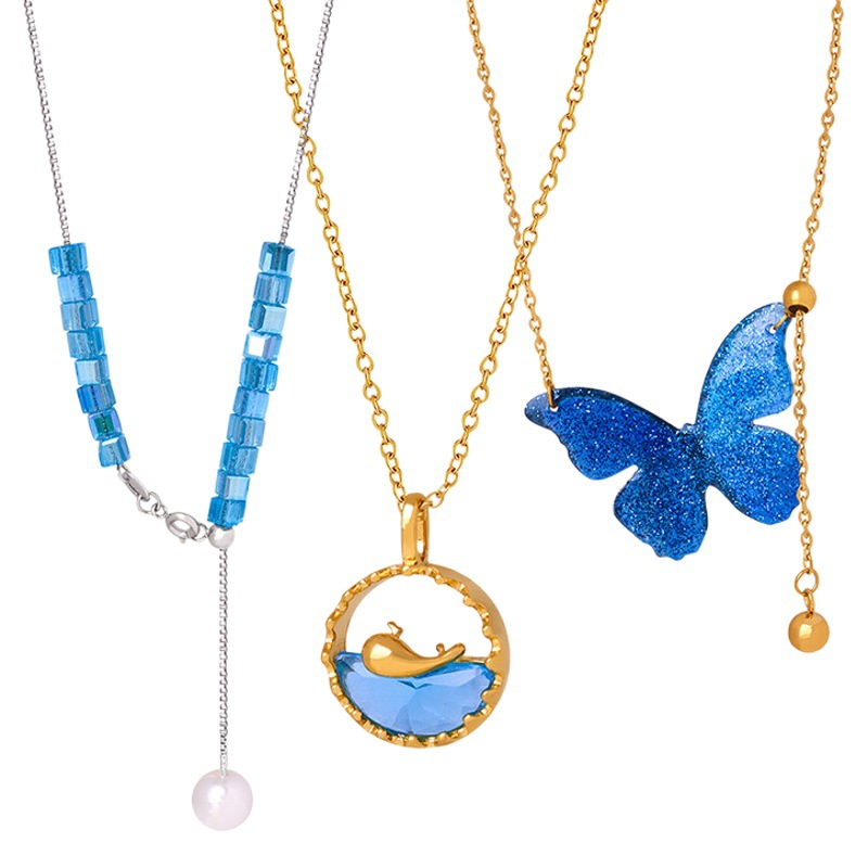 Nuevo chino esmalte azul mariposa collar pendientes nuevo vintage pendientes clavícula cadena titanio acero todo partido