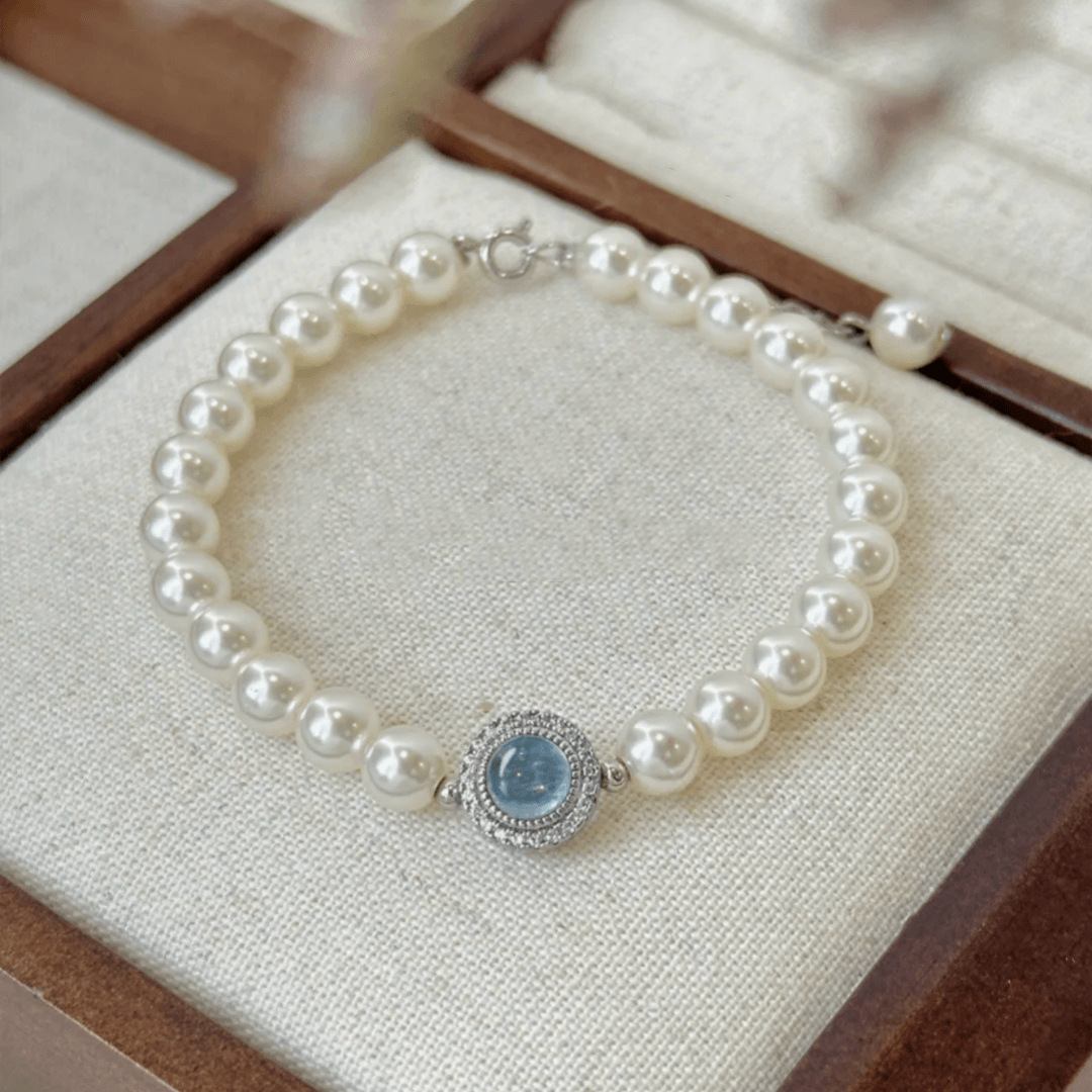 Silver Shell S925 Sterling Silver Niche French-Style Round Pearl Bracelet for Women, Exquisite and High-End Aquamarine Bracelet, Autumn and Winter Style