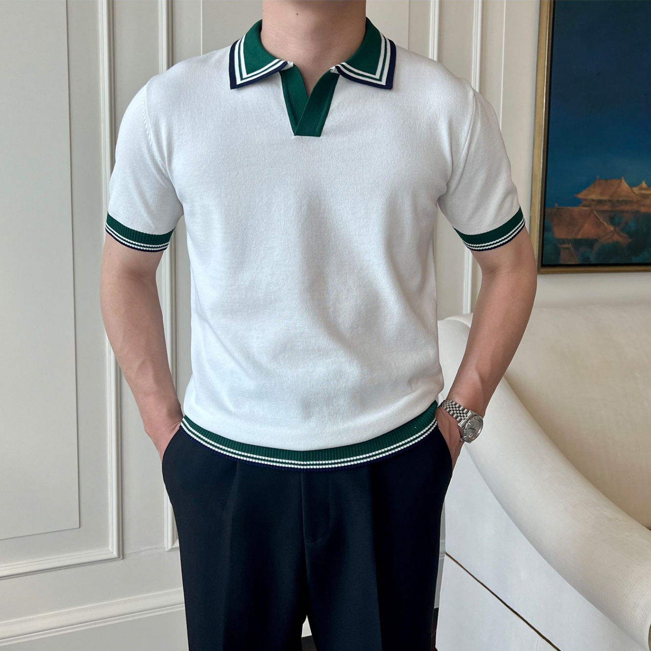 Verano nuevo estilo suéter de manga corta camisa POLO de color de contraste para hombres cuello en V cuello exterior negocios delgado camiseta comercio exterior al por mayor transfronterizo