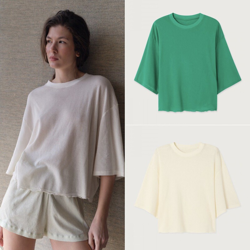 HOUSE26 Summer Organic Cotton Wave Ruffle Semi-Transparent Mesh Short Sleeve Loose Batwing Drop Shoulder Mid-Sleeve T-Shirt for Women HOUSE26 Summer Organic Cotton Wave Ruffle Semi-Transparent Mesh Short Sleeve Loose Batwing Drop Shoulder Mid-Sleeve T-Shirt for Women