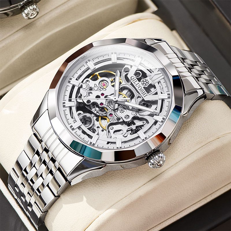 Chiloshishi Swiss Watch Watch Men's Mechanical Watch Fully Automatic Fashion Cut Out Stainless Steel Belt Fashion Waterproof Men's Watch