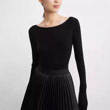 2025女装纯羊毛无缝一体一字领圆领针织黑色打底上衣女时尚百搭