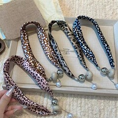 新款美拉德咖色豹纹串珠丝巾项链 女款复古时尚感装饰品厂家批发