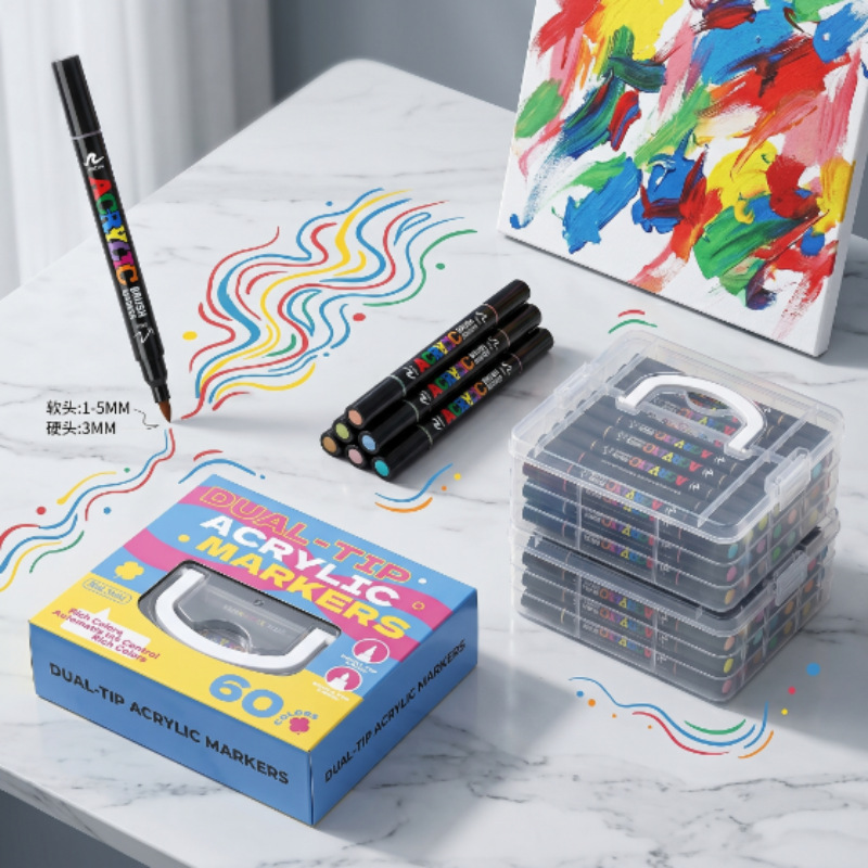 Caja apilada de gran capacidad doble cabeza acrílico marcador de lápiz de dibujo de arte infantil color opaco plegable color graffiti marcador de lápiz