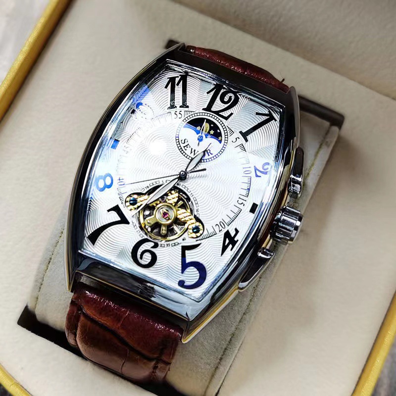SEWOR reloj mecánico automático para hombre tipo barril cinturón inferior transparente hueco reloj para hombre reloj de personalidad de Vidrio Curvo