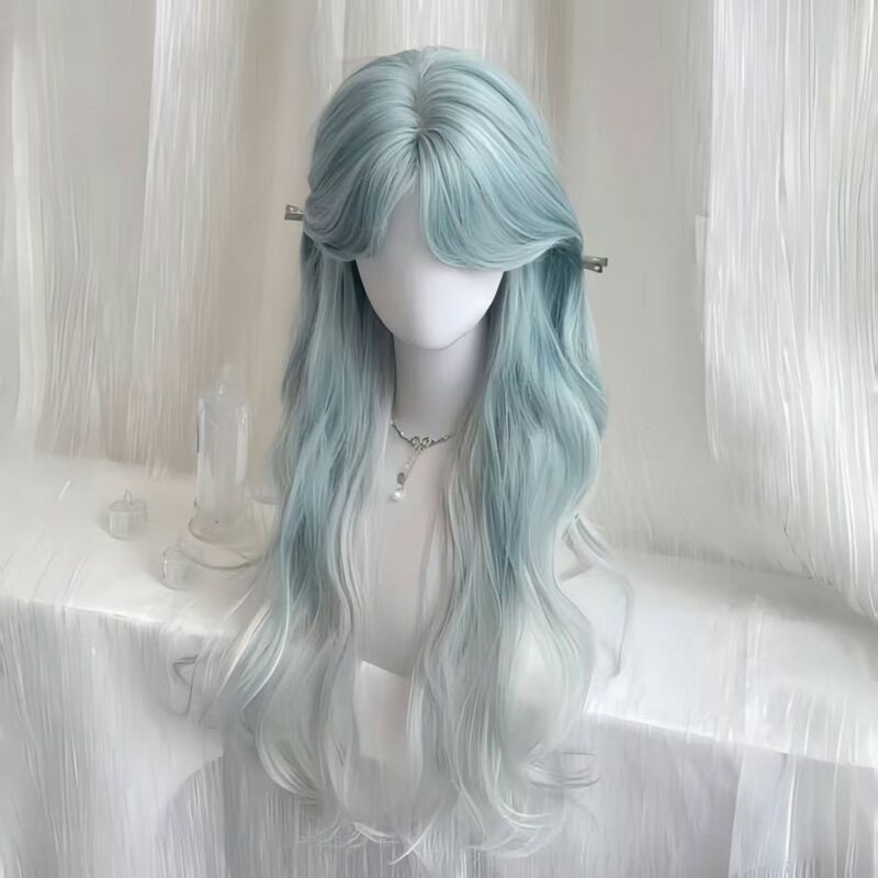[Sea Salt Soda] Wig Female Mint Blue Gradient Long Curly Hair Full Headgear Blue Wig Cos Full Headgear