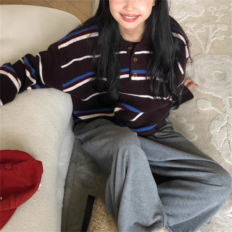 2025秋冬新款复古休闲polo领条纹针织衫上衣女学院风韩版宽松毛衣|undefined