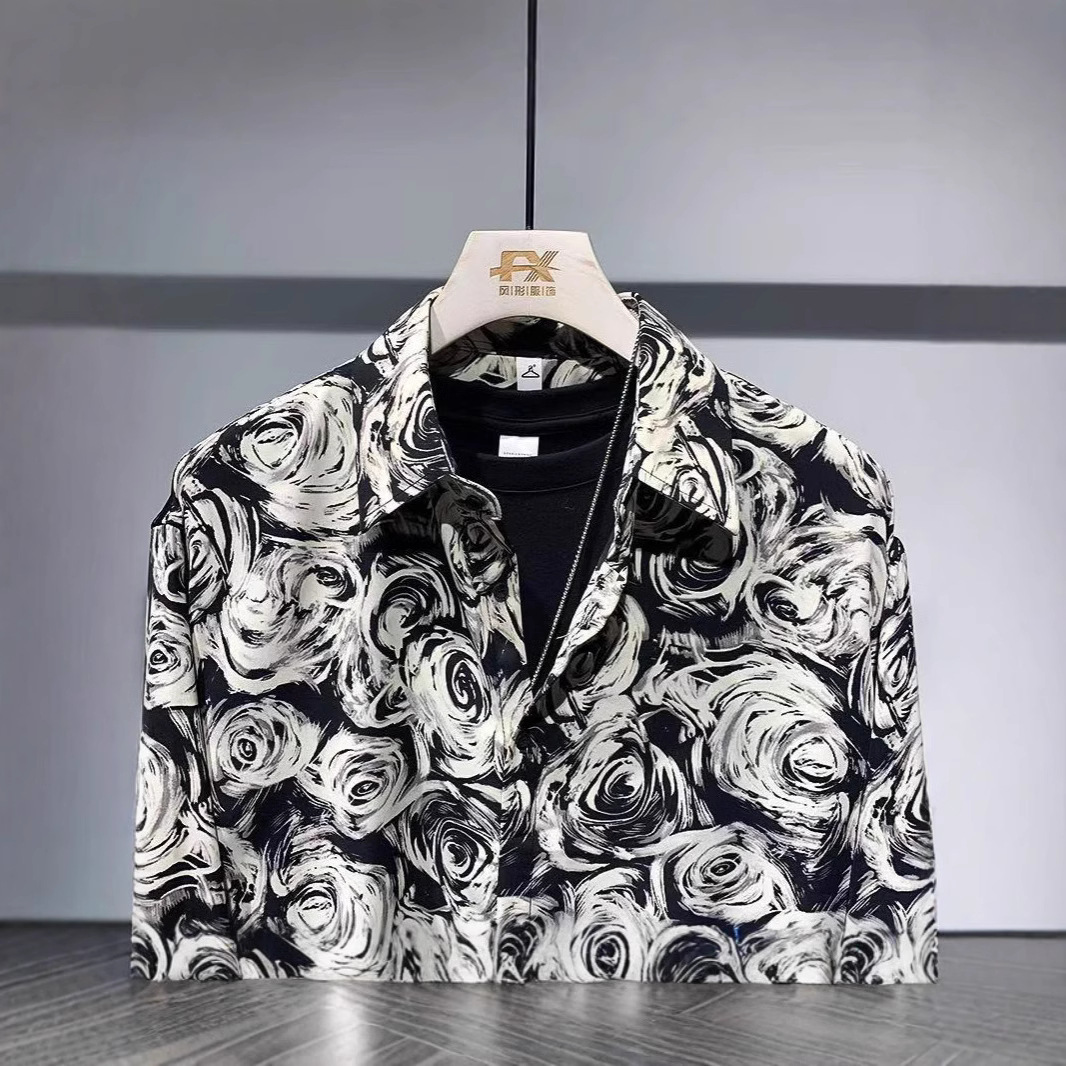 Hong Kong Style Men's Long Sleeve Lapel Floral Shirt 2025 Spring and Autumn New Fashionable Personalized Casual Shirt for Young People