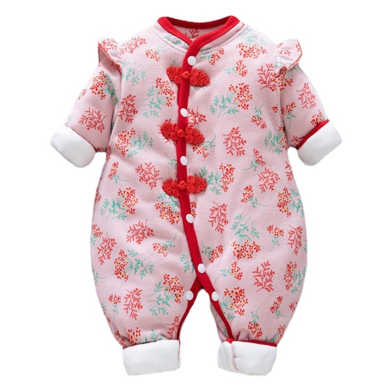 Ropa de invierno de Bebé Ropa de una pieza engrosada estilo chino Tang traje festivo Año Nuevo saludo ropa bebé niña engrosada ropa de algodón acolchado ropa de Año Nuevo