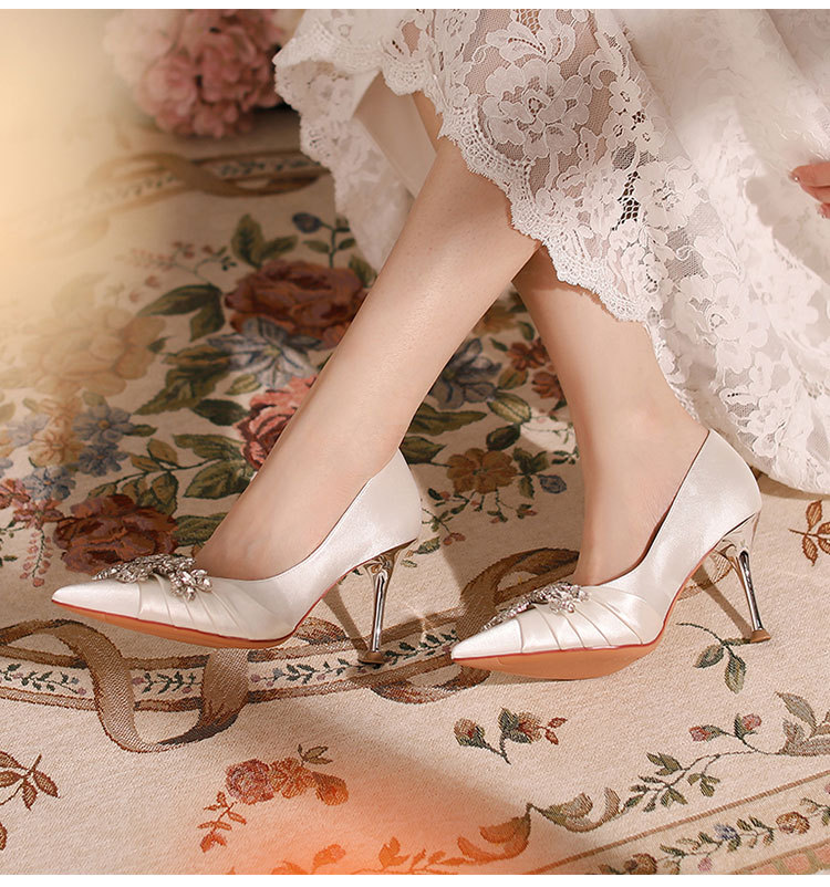 H-18 High Heels Wedding Banquet Women Elegant Stiletto Sexy Bridesmaid Pointed Toe Style White Large Size Single_vogvips.com