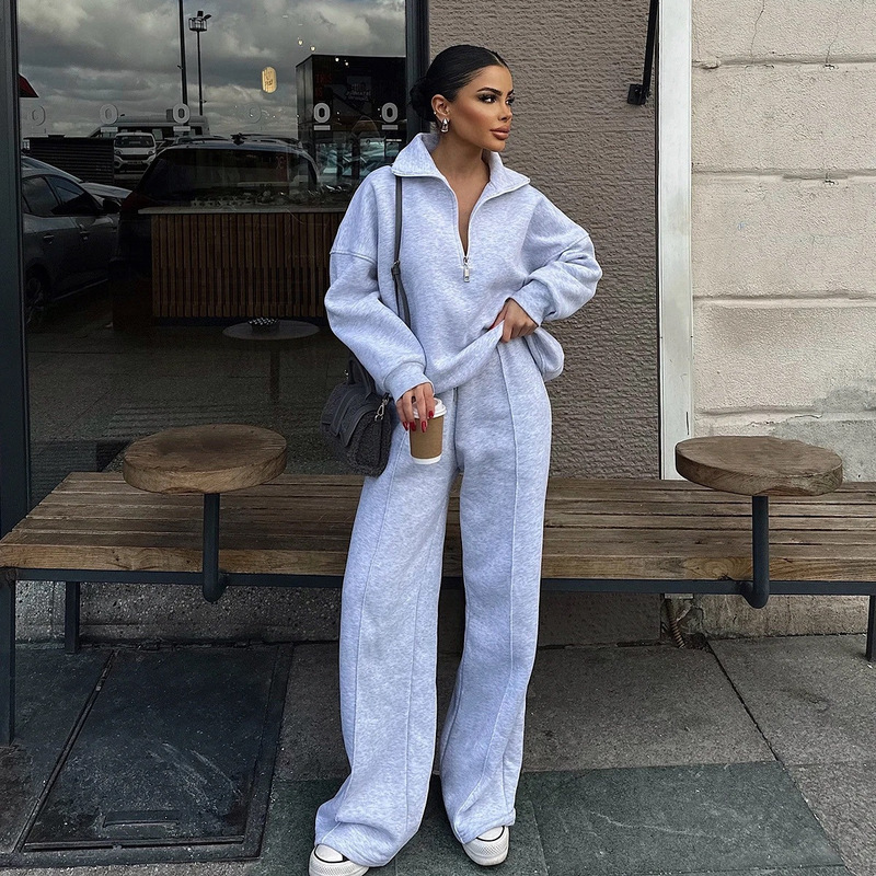 Cross-Border European and American Casual Women's Fashion Half-Cardigan Pullover Sweatshirt and Long Pants Two-Piece Loose Casual Autumn and Winter Set Cross-Border European and American Casual Women's Fashion Half-Cardigan Pullover Sweatshirt and Long Pants Two-Piece Loose Casual Autumn and Winter Set