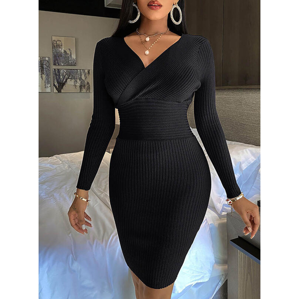 short-sleeved deep V-neck slim solid color threaded dress NSBTY119229