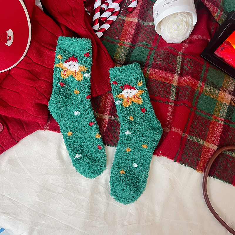 クリスマスの珊瑚の絨毯の靴下の女性の中筒の靴下の秋の冬の保温の月子のベルベットの厚い睡眠の靴下の中筒の靴下|undefined