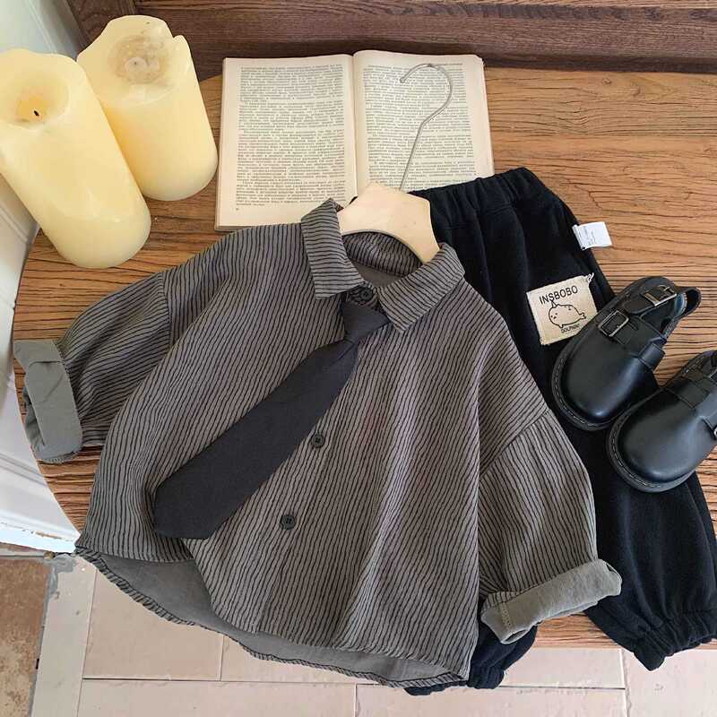 Cross-Border Boys' Shirts 2025 Spring and Autumn New Style Vertical Long-Sleeve Striped Shirts for Toddlers and Young Children, Retro Style Shirts, School Uniforms Cross-Border Boys' Shirts 2025 Spring and Autumn New Style Vertical Long-Sleeve Striped Shirts for Toddlers and Young Children, Retro Style Shirts, School Uniforms
