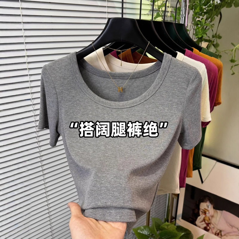 U-Neck Slim-Fit T-Shirt for Women, European Style, Summer 2026, Versatile Low-Neck Short-Sleeve Fitted Gray Elegant Short Top