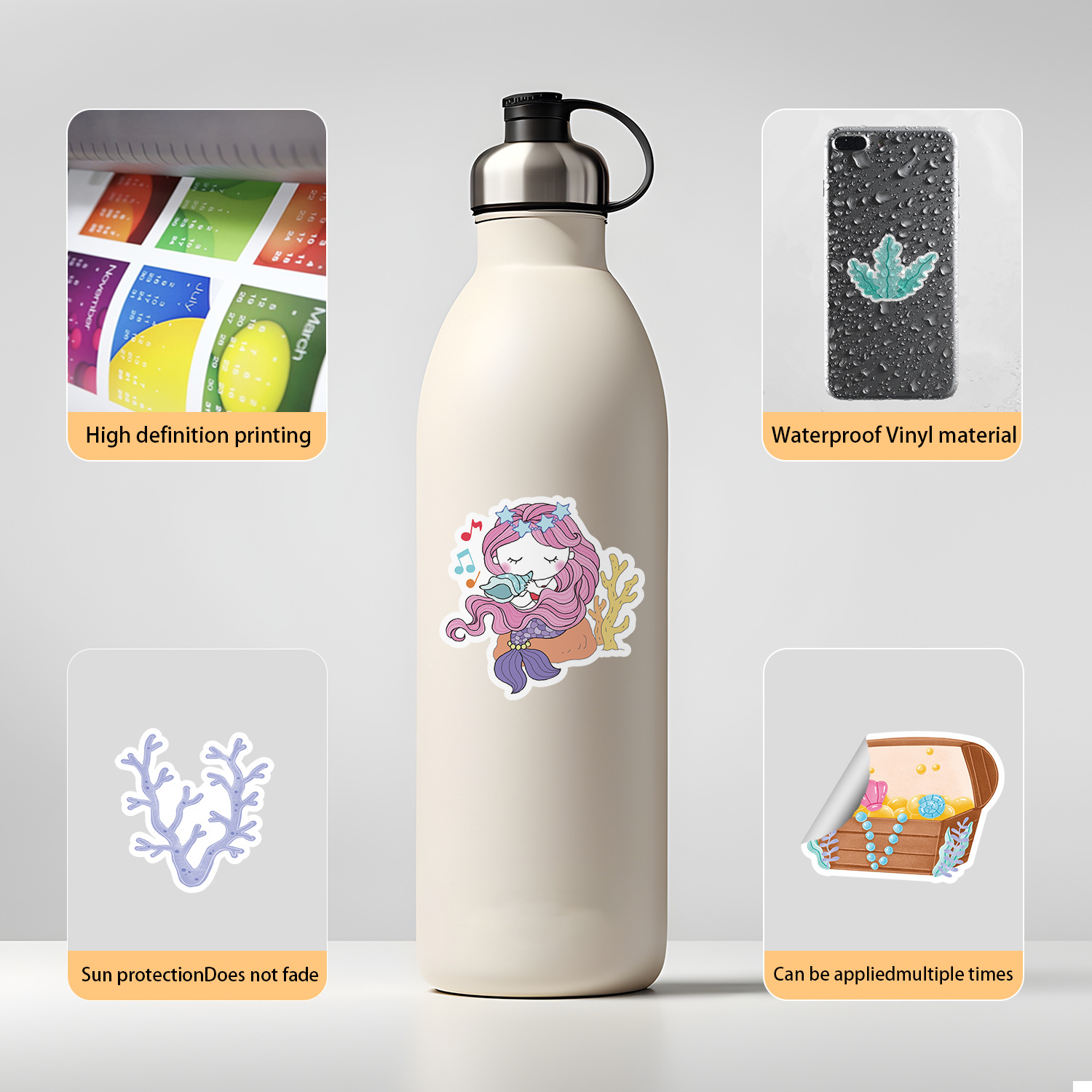 50 pegatinas de dibujos animados de sirena equipaje teléfono móvil portátil papelería pegatinas impermeable diario pegatinas al por mayor