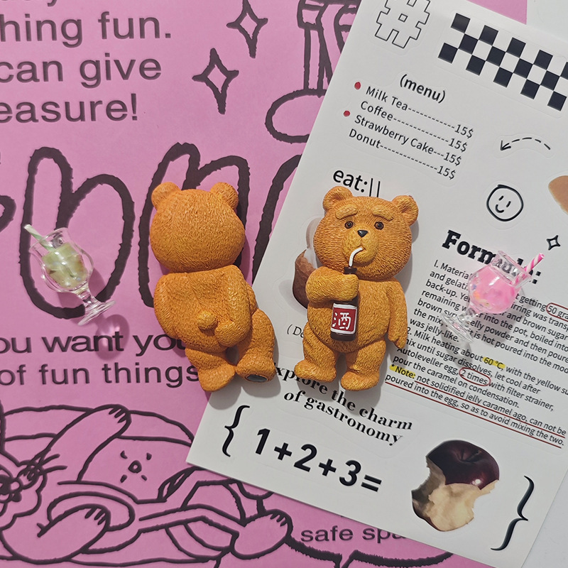かわいいアメリカンイン飲酒クマ冷蔵庫マグネットクリエイティブ漫画 3D 磁気装飾ホールボード吸引|undefined