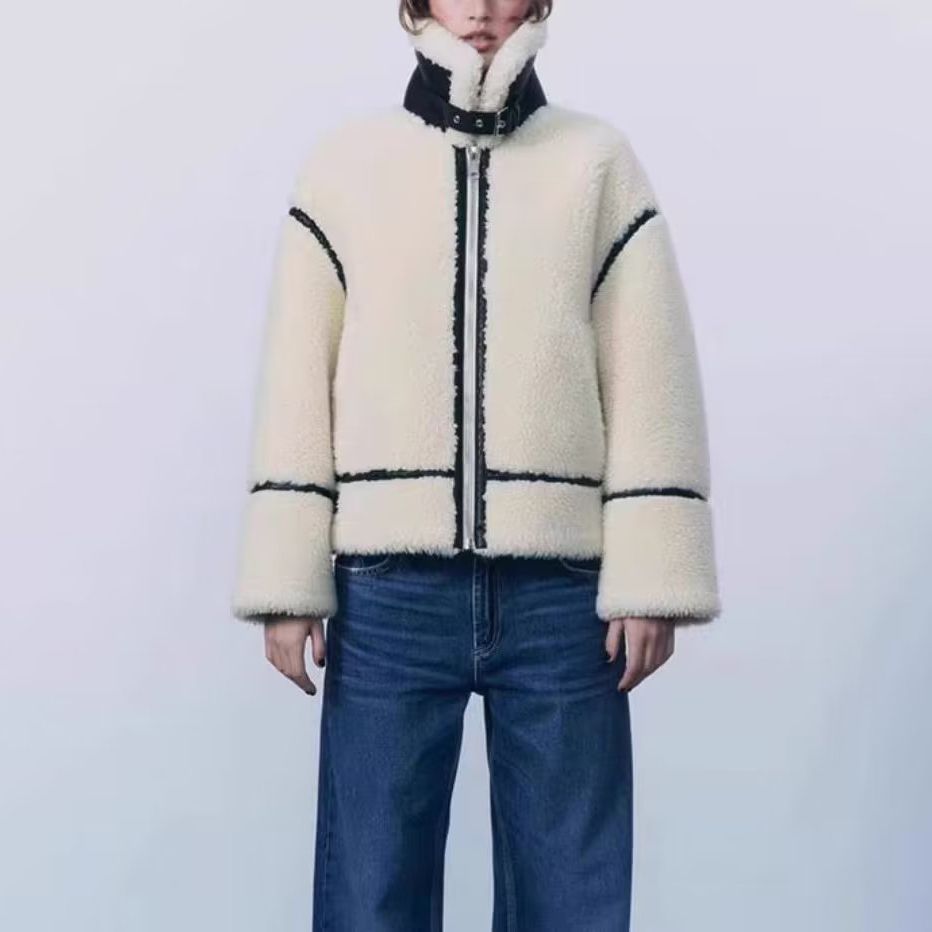 Dameskleding herfst en winter nieuwe mode bontjas opstaande kraag contrasterende kleur casual warme jas_voghion.com