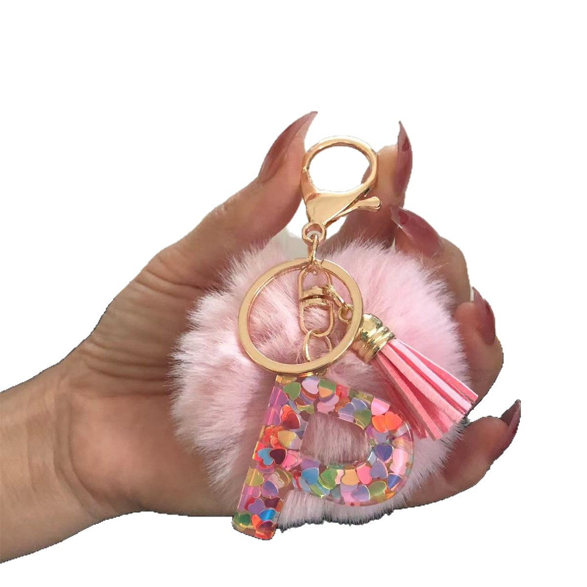 Nuevo estilo europeo y americano resina de pelo popular letras inglesas bolsas colgantes llaveros fringe letras llaveros regalos
