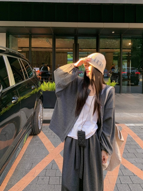 慵懒风穿搭条纹宽松长袖开衫休闲阔腿长裤女2025秋季新款时尚套装|undefined