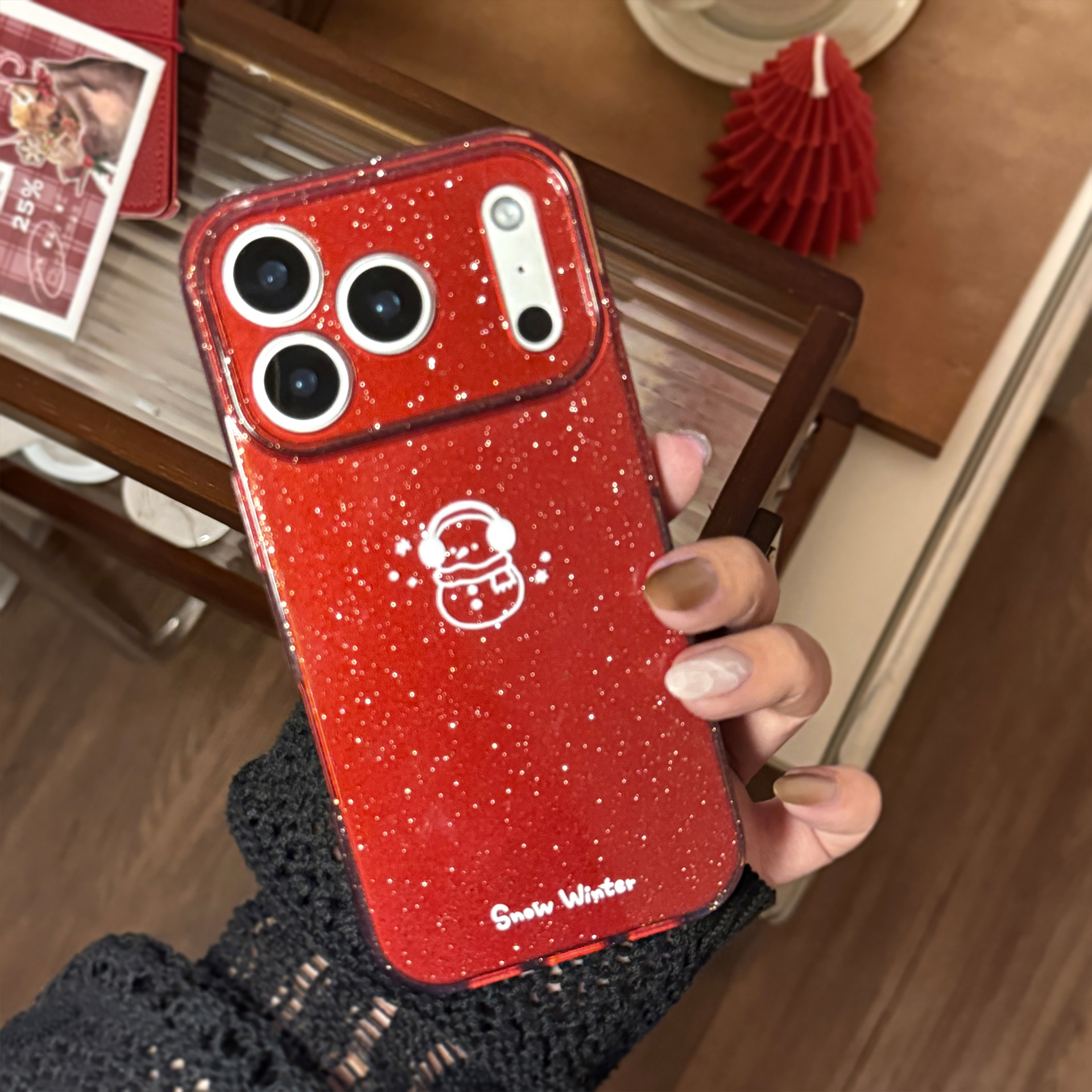 Protective Phone Case For Iphone With Glitter Winter Snowman Design_voghion.com