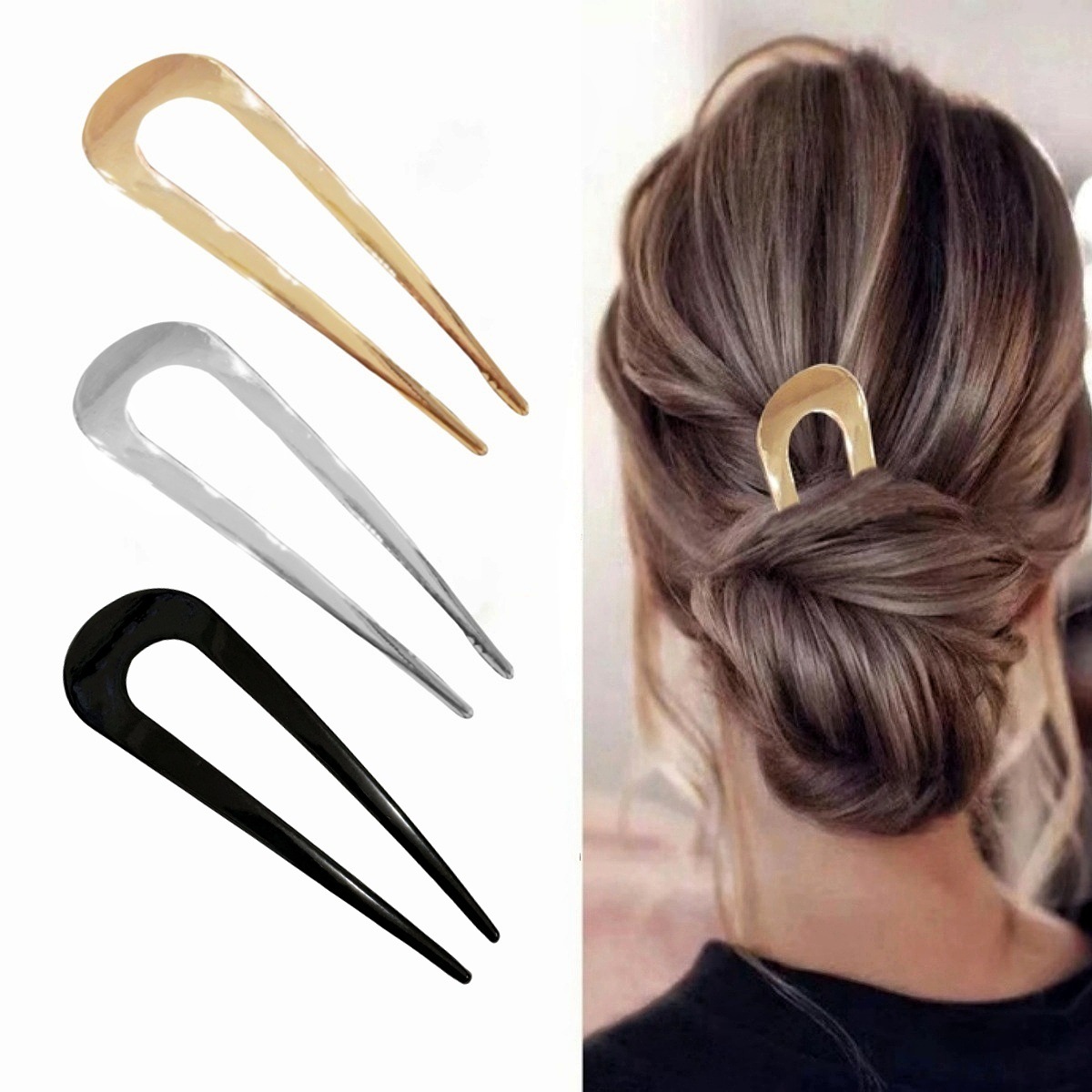 Europa y los Estados Unidos simple metal en forma de U pinzas de cabello detrás de la cabeza temperamento bola cabeza pinzas de cabello diarias accesorios de doble inserción ocio
