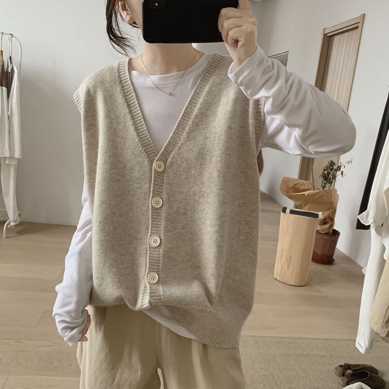 Collar Knitted Vest Jacket Women's Spring and Autumn New Loose Slimming Korean Style Simple Sleeveless Age-Reducing Cardigan Vest