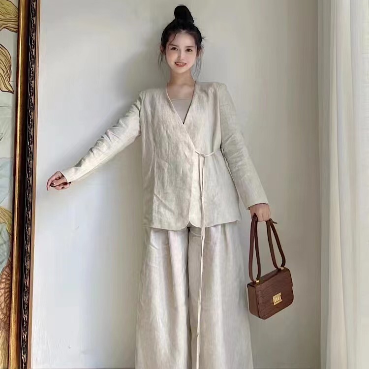 Cardigan deep V solid color lace-up long sleeve artistic retro style cardigan women's versatile spring new linen shirt