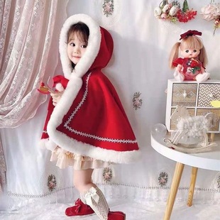 Girls' Cape 2024 Autumn and Winter New Style Baby Girl Going Out Red Hooded and Fleece Coat Princess Style Western Style Shawl