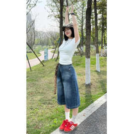 美式深蓝阔腿牛仔裤女夏季薄款宽松显瘦七分裤小个子百搭直筒中裤