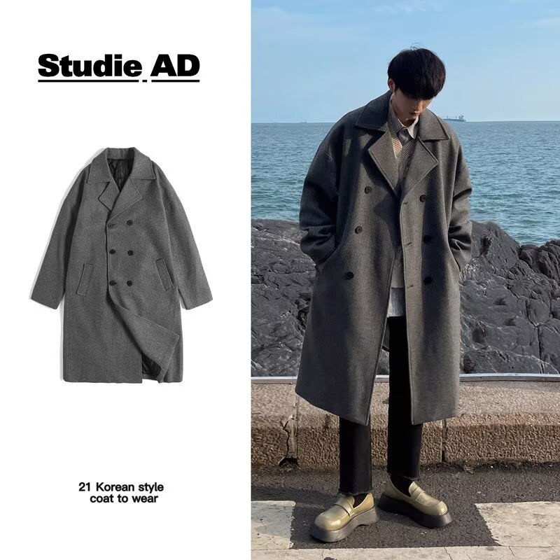 Plus-Size Double-Breasted Wool Coat for Men, Business Jacket for Big and Tall Individuals, Autumn and Winter Mid-Length Double-Sided Wool Trench Coat