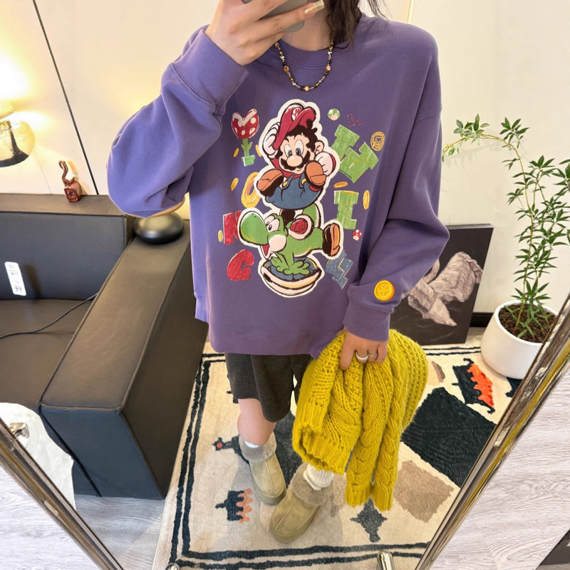 Paper Bag Home Spring New Collection Dinosaur Mao Long Sleeve Cartoon Print Loose Round Neck Casual Fashion Sweatshirt 6358