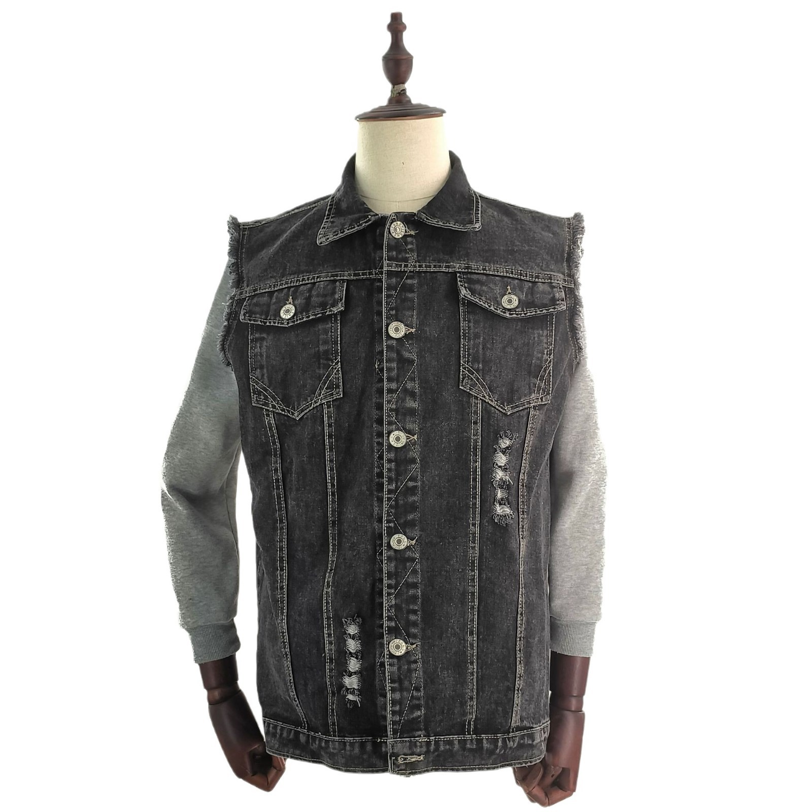 Poker Printed Denim Vest Ripped Sleeveless Top