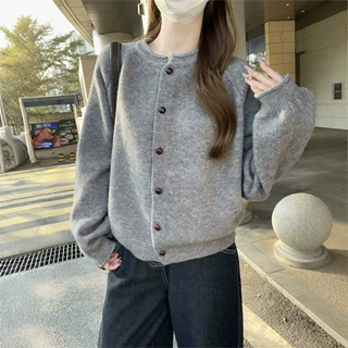 法式复古蓝色针织软糯毛衣开衫外套女秋冬季外搭加厚宽松卷边上衣