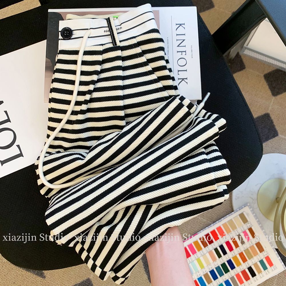Black and White Stripesd Loose Wide-Leg Pants for Women Spring & Fall New American Design High-Waist Draped Straight Casual Suit Pants