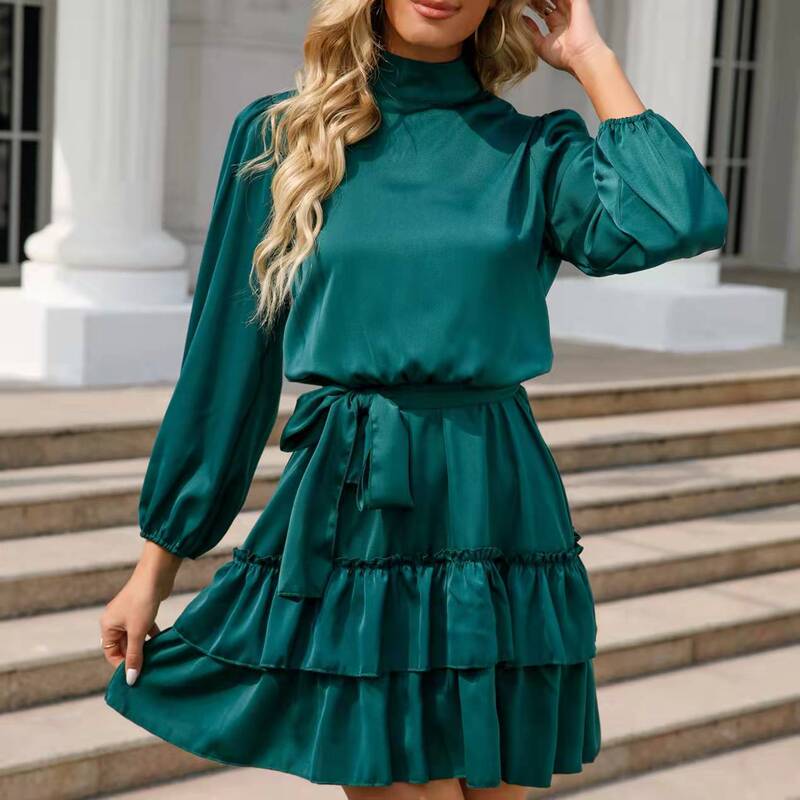 2022 cross-border Europe and America Amazon foreign trade Women's solid color satin belt high collar cake skirt pleated dress 2022 cross-border Europe and America Amazon foreign trade Women's solid color satin belt high collar cake skirt pleated dress