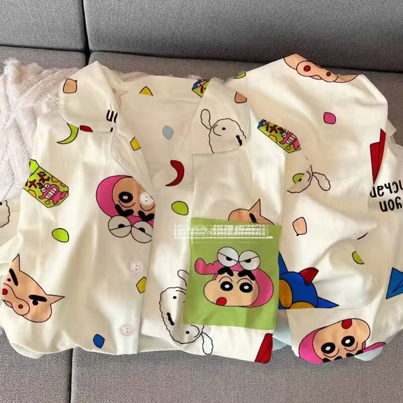 Japanese-Style Cartoon Cute Imitation Cotton Spring and Autumn Long-Sleeve Long-Pants Pajamas for Women, Sweet Girl's Home Wear with a Turn-Down Collar and Button-Up Design