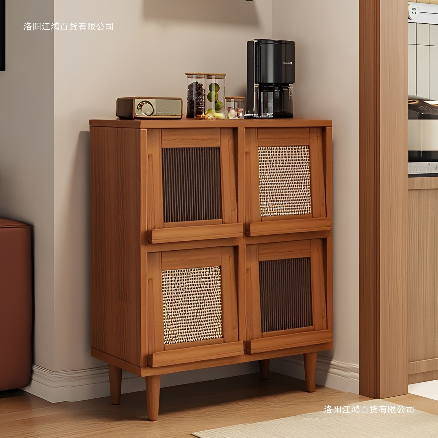 Sideboard Kitchen Antique Style Tea Cabinet Living Room Storage Cabinet Wall-Mounted Floor-To-Ceiling Storage Cabinet Rattan Lattice Cabinet with Legs