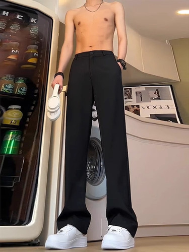 Men's Loose Trendy Straight Black Slimming Trousers with High-end Feel, Wrinkle-resistant, Korean-style Black Suit Pants