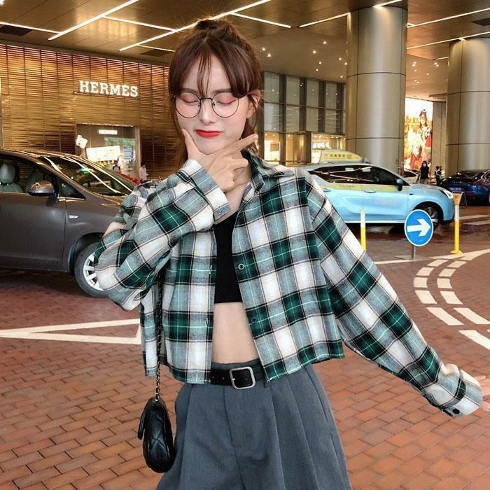 格子衬衫女韩版宽松显瘦百搭学生长袖短款开衫外套潮2025秋季新款|undefined