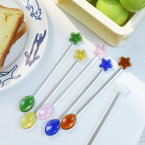 2025 new creative stars small spoon color transparent high temperature cute long handle coffee glass mixing round spoon