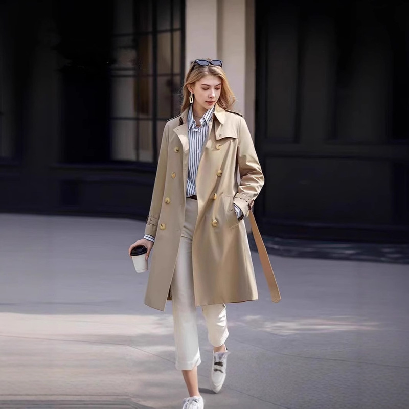 High-end Big Brand Ping Dui Quan Zhixian Same Style Windbreaker Women's British Style navy blue Slim-fit Mid-length Gabardine Jacket