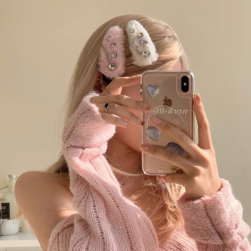 South Korea autumn and winter furry Diamond Crystal hairpin female high-grade bangs clip gem plush hairpin headdress female wholesale