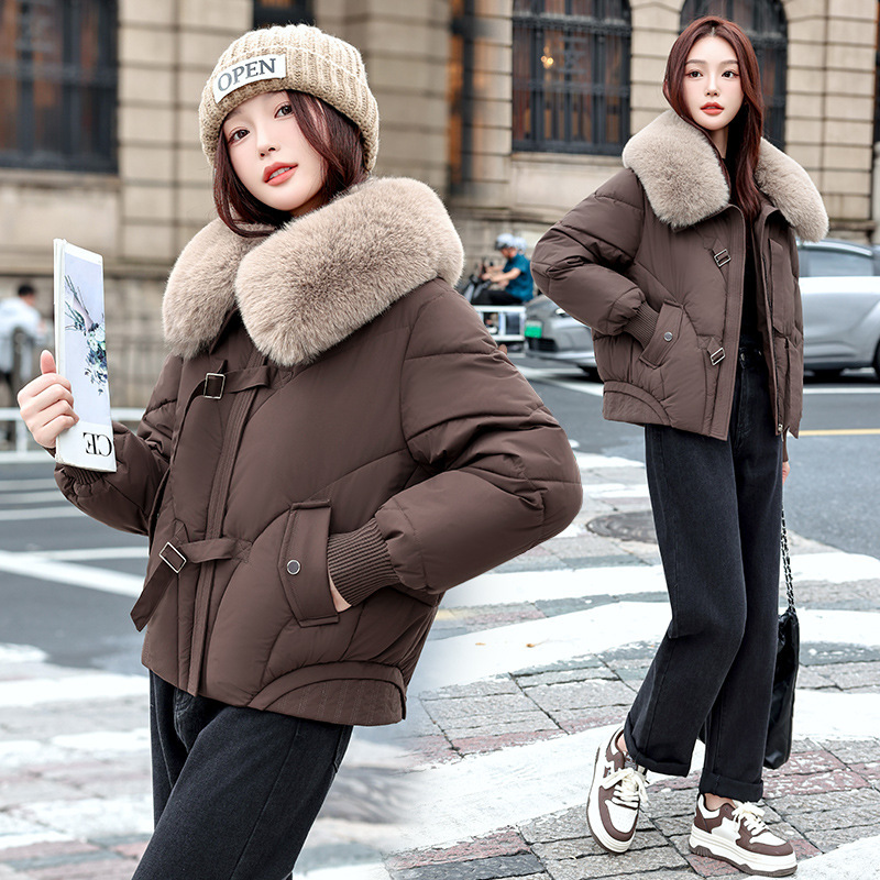Spot comercio exterior 2025 invierno temperamento coreano relajado cálido cuello de cabello con solapa abrigo de algodón corto mujer image 3