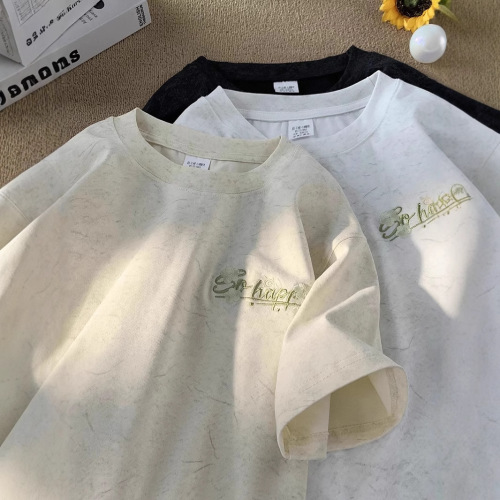 240G Heavyweight Sand-washed Ice Silk Loose Round Neck Short-sleeve T-shirt for Men, Summer Trend Brand Embroidered Ice Silk Half-sleeve T-shirt
