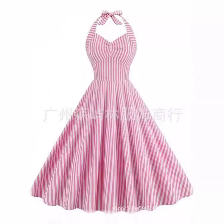 Cross-border new arrival dress 50's retro Halloween cosplay ball gown striped halter dress