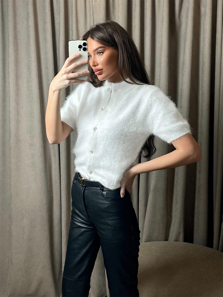Áo cardigan dệt kim tay ngắn cổ bán cao ôm dáng phong cách retro — Màu hồng, Màu hồng cánh sen, Màu trắng, Màu tím chi tiết 5