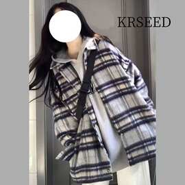 Y条纹毛呢外套秋冬季香风高级ins潮牌宽松衬衫格子夹克情侣男女i