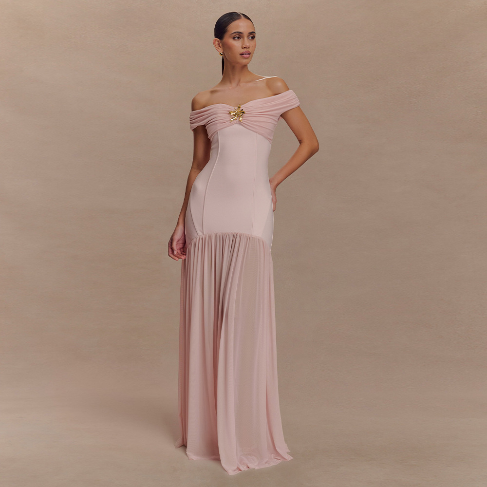 Backless Mesh Detail Long Dress, Slim Fit Pleated Backless Mesh Detail Long Dress, Slim Fit Pleated